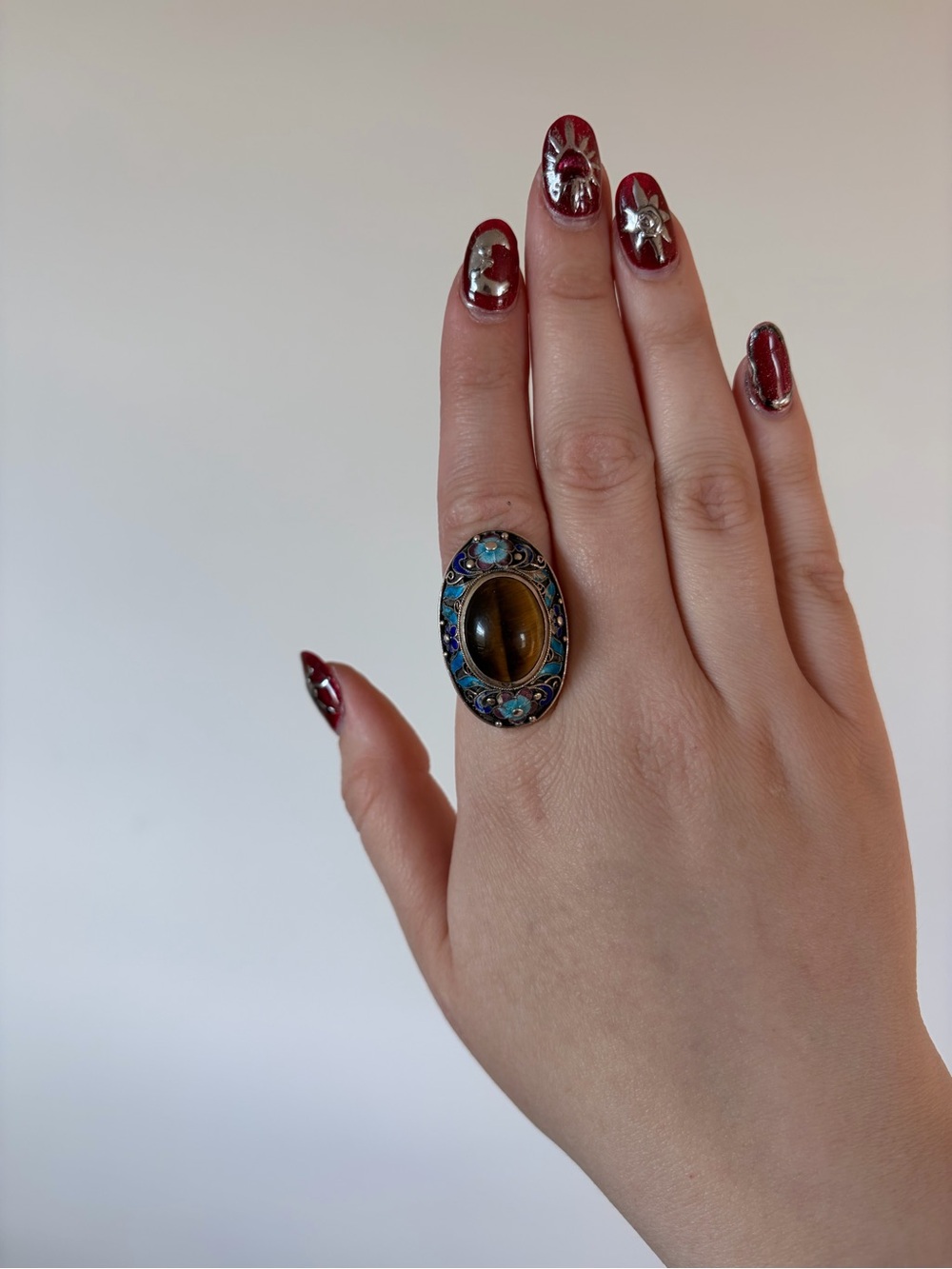 Vintage Adjustable Tiger Eye Oval Statement Ring - Brown & Blue
